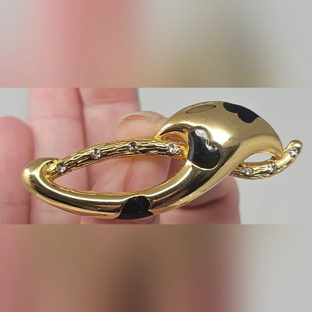 Gold Tone Black Enamel Heart Inlay Brooch With Rhinestones 2-1/4" - Picture 2 of 8